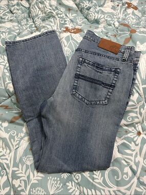 Men's Bootcut Jeans in Light Blue Denim with Leather Patch